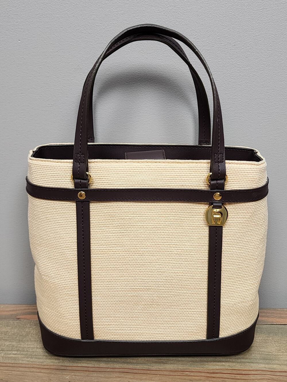 Vintage Etienne Aigner Brown Handbag Woven Basket fabric trim Leather Handbag